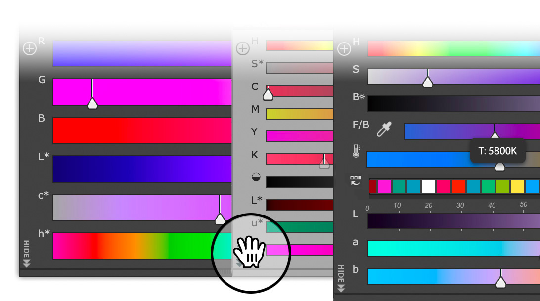 Solo en MagicPicker para Photoshop: RGB, HSB, Lab, L * c * h, HSL, temperatura, degradado, escala de grises, CMYK, CIE Luv  - espacios de color y deslizadores diseñados para artistas. Con reglas numéricas intercambiables