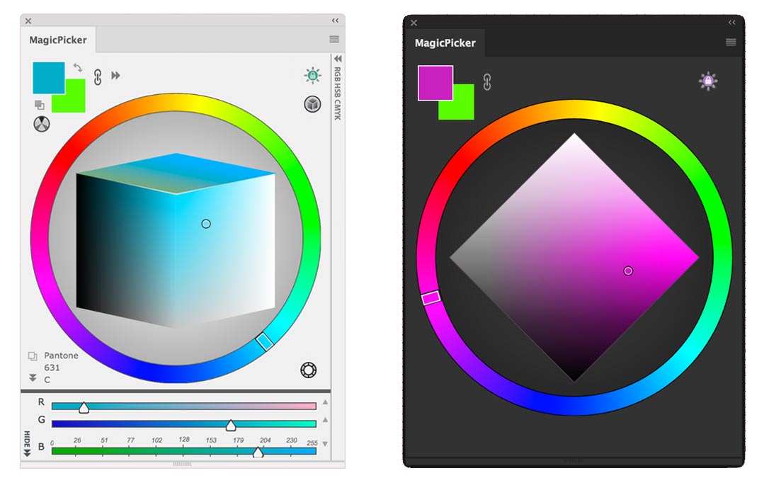 MagicPicker: LDT Cube Color Picker (left) and PRO Mode (right)