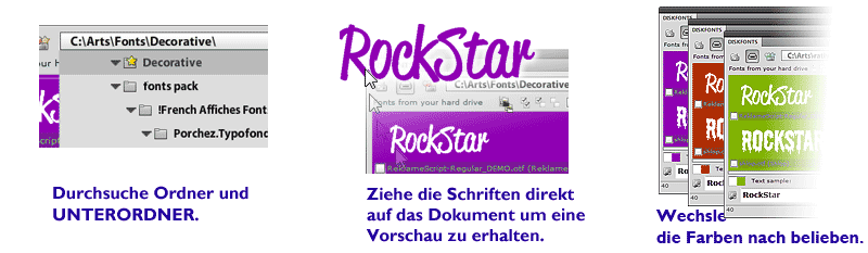 Browse subfolders, drag and drop fonts, change colors