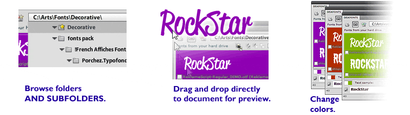 Browse subfolders, drag and drop fonts, change colors