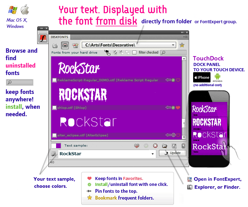 DiskFonts panel, choose between disk and FontExpert, Your text displayed with fonts from disk, Install Font, Add fonts to favorites, Bookmark frequent folders, Open font with FontExpert, Open font in Mac Finder and Windows Explorer, view on iPhone, iPod, Android