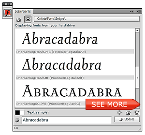 DiskFonts - fonts, types browser and font viewer inside Adobe Creative Suite CS5: Photoshop, Illustrator, InDesign, Flash Pro, Dreamweaver, Fireworks, Premiere Pro, iPhone, iPod, Android