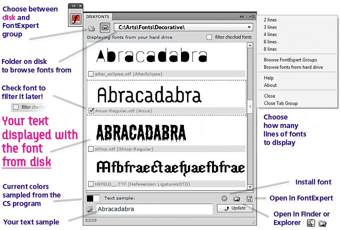 DiskFonts, font viewer for Photoshop, Illustrator, InDesign and other Creative Suite progs