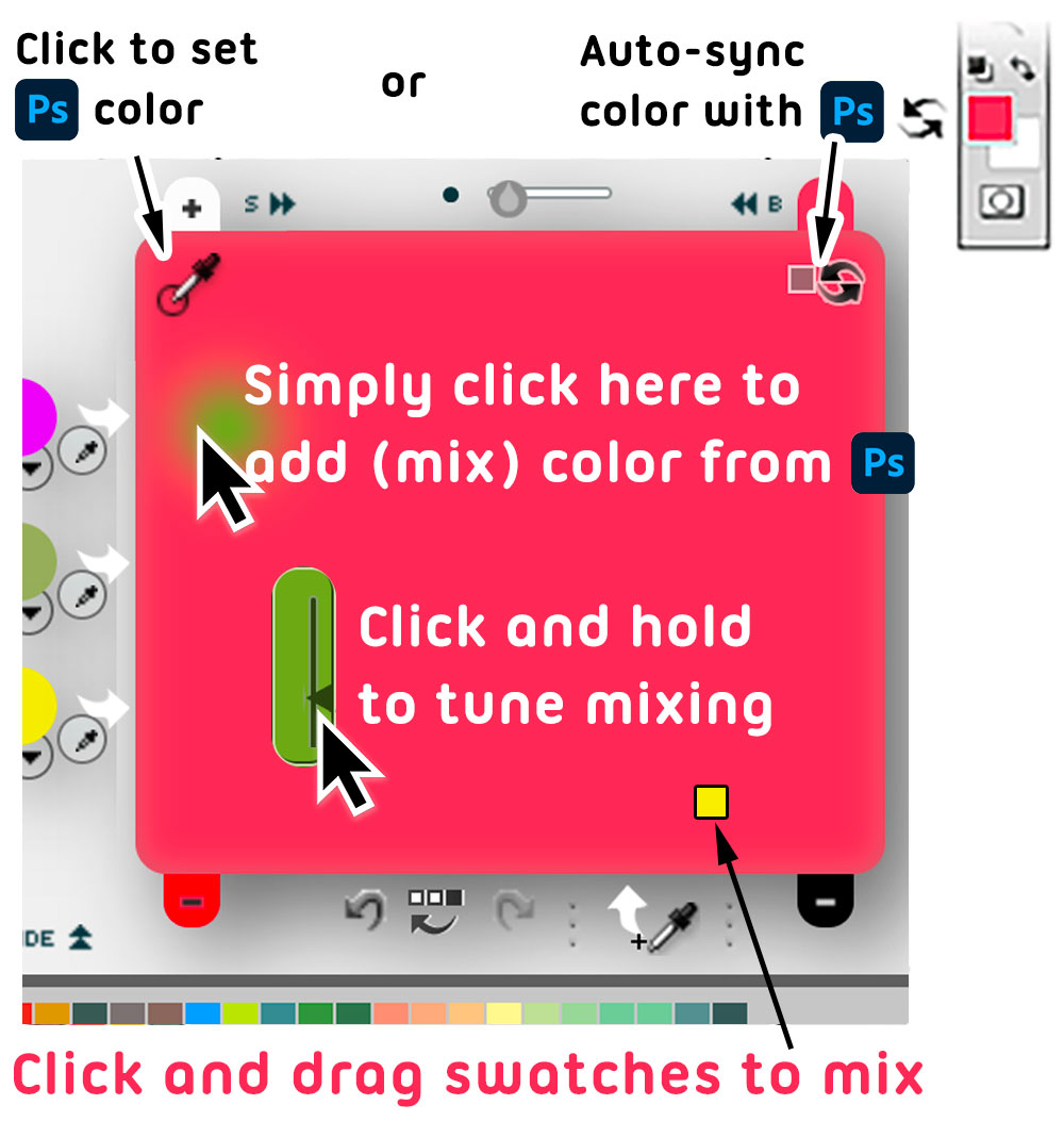 Simply click in the center color in Photoshop MixColors to mix color from Photoshop
