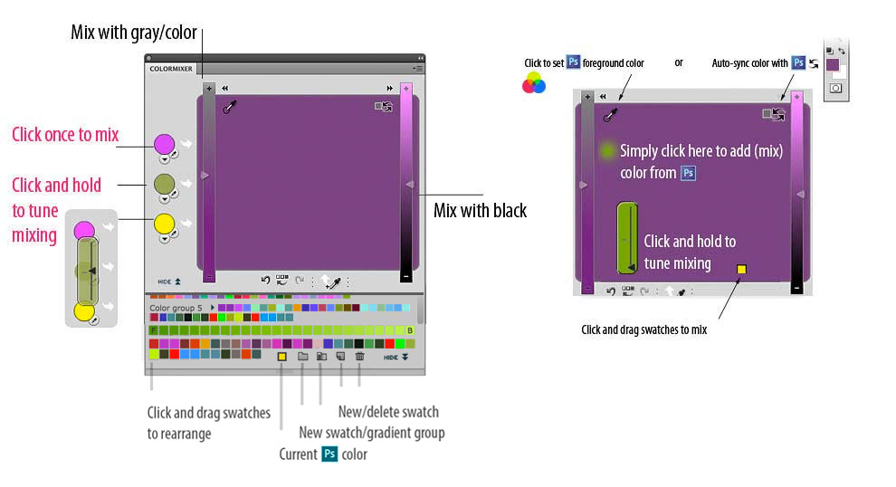 All features of MixColors - a color mixer for Photoshop