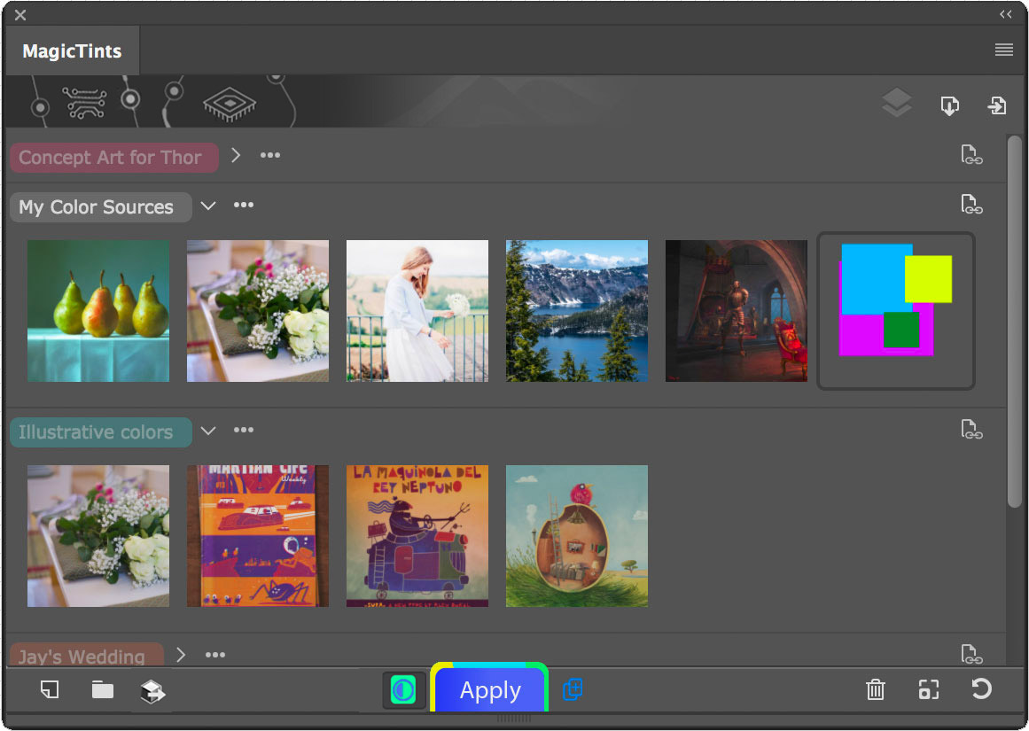 MagicTints panel screenshot in Photoshop with color reference images
