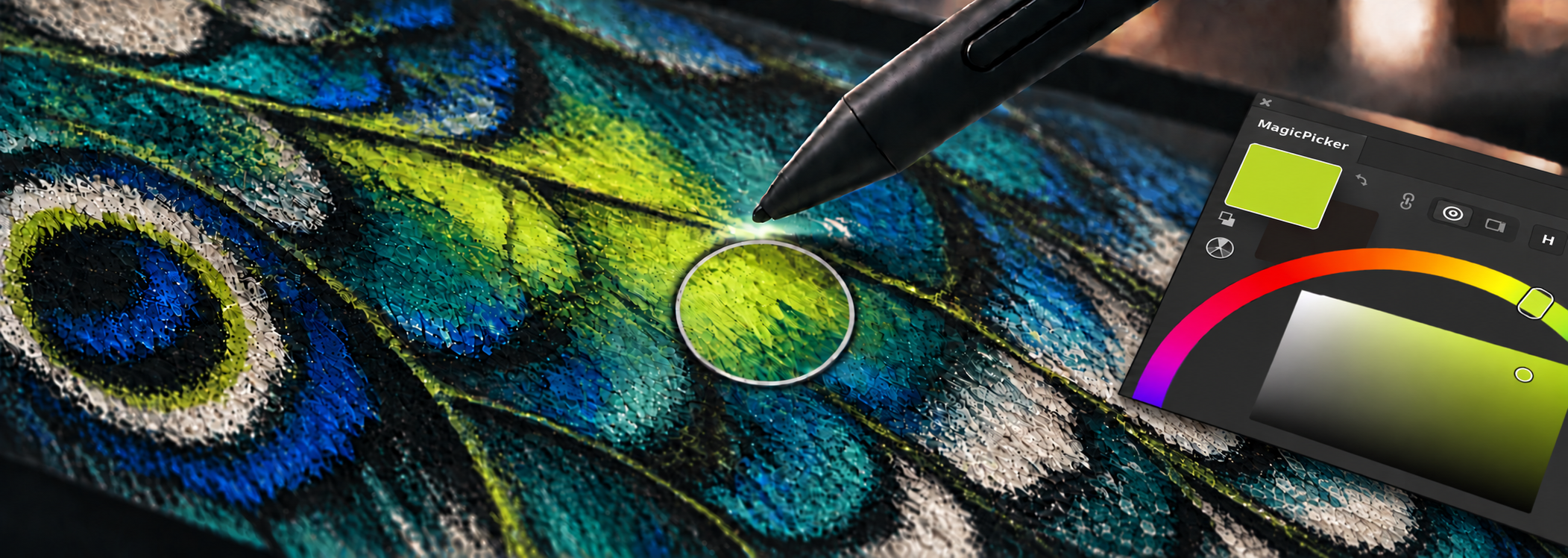 Pick colors without tapping: hold Alt or Option, hover, and release A stylus hovering above a painted canvas while Alt or Option is held, with the sampled color matching the MagicPicker swatch