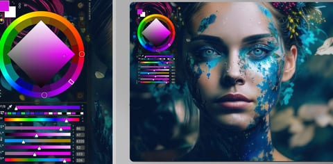 MagicPicker color wheel and sliders beside a portrait painting MagicPicker color wheel and sliders beside a portrait painting